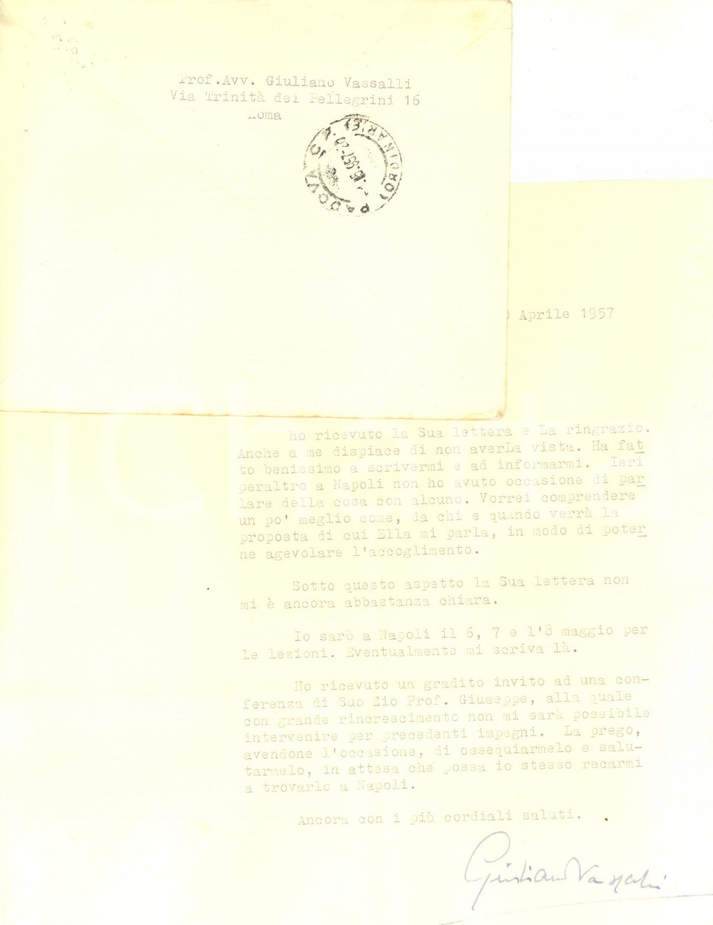 Autografo originale 1957 ROMA Lettera prof. Giuliano VASSALLI per ringraziamento  Autografo 1