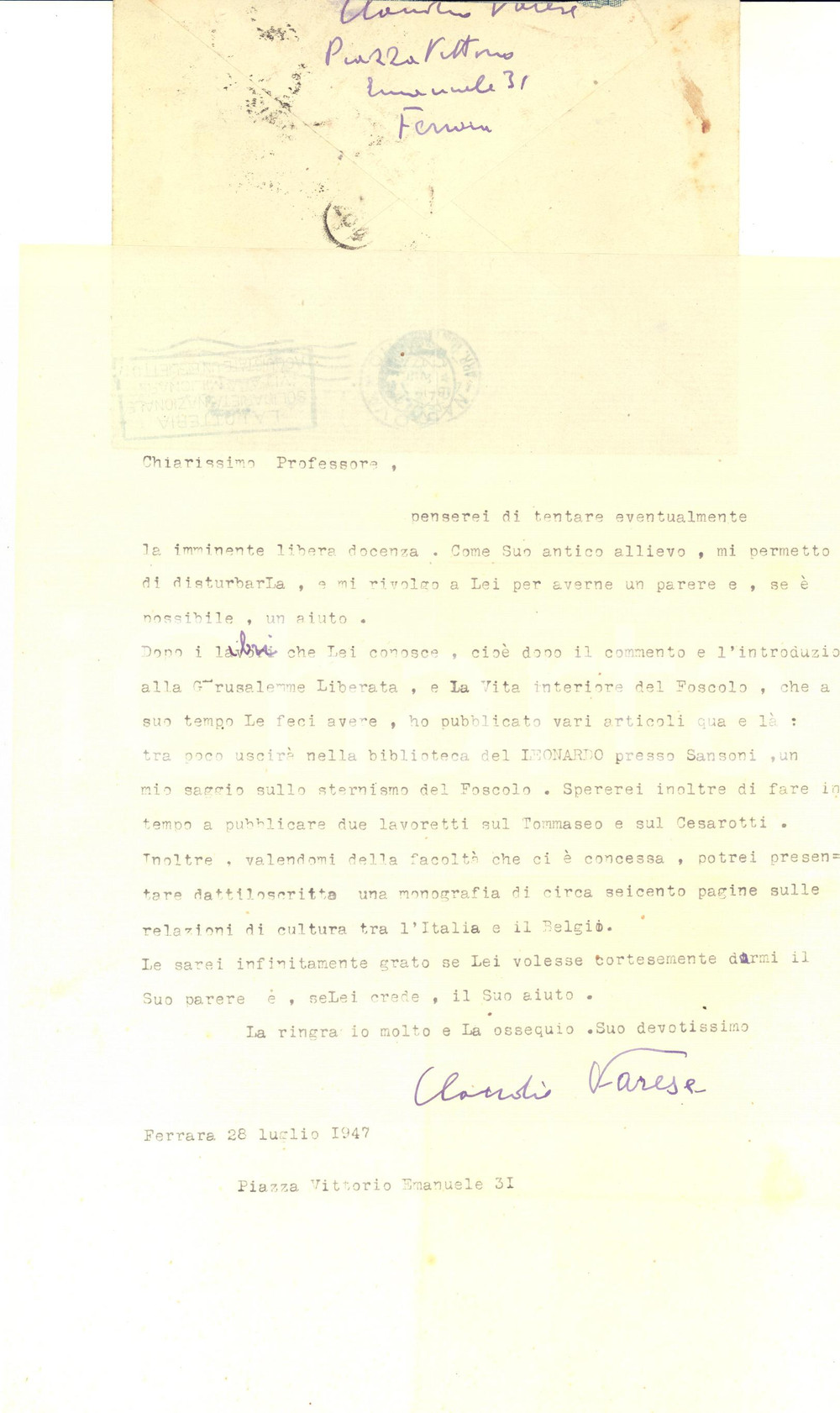 Autografo originale 1947 FERRARA Claudio VARESE tenta la libera docenza in letteratura  Autografo 1
