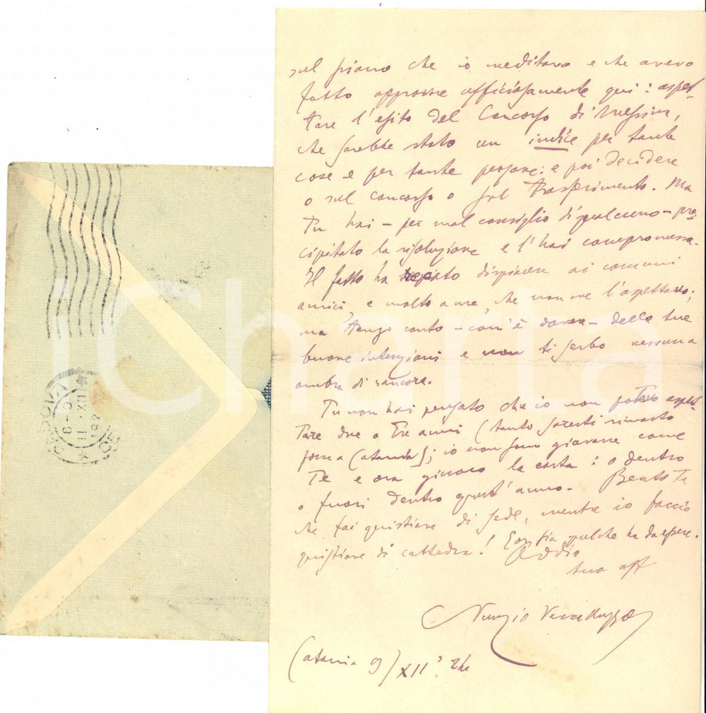 Autografo originale 1924 CATANIA Lettera Nunzio VACCALLUZZO tenta concorso per cattedra  Autografo 1