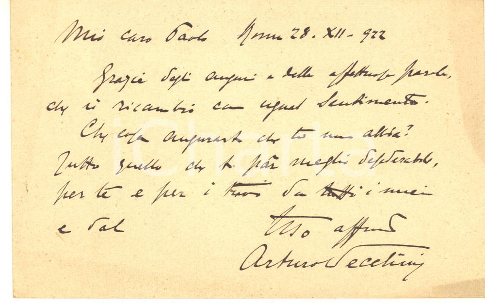 Autografo originale 1922 ROMA Cartolina on. Arturo VECCHINI per auguri  Autografo 1