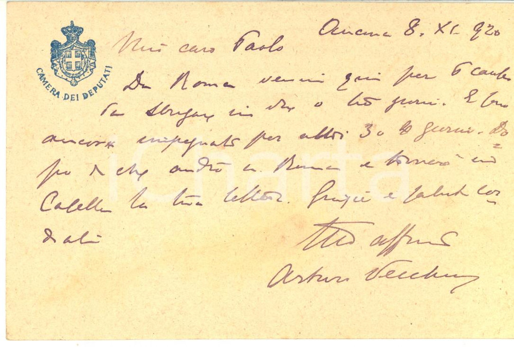 1920 ANCONA On. Arturo VECCHINI impegnato in cause - Cartolina autografa Cartolina postale interamente autografa, con intestazione della Camera dei Deputati.CONDIZIONI: FAIR (lievi ingiallimenti)    originale e autentica 1