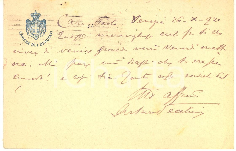 Autografo originale 1920 VENEZIA Cartolina on. Arturo VECCHINI per appuntamento  Autografo 1