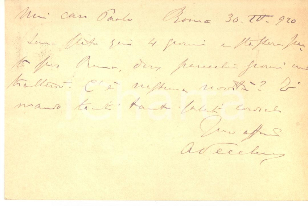 Autografo originale 1920 ROMA Cartolina on. Arturo VECCHINI in partenza  Autografo FP VG 1