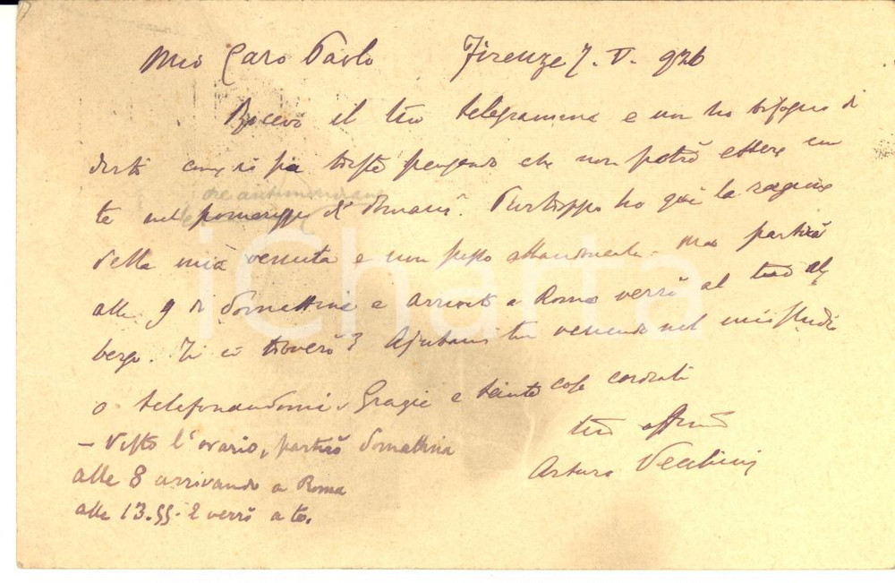 1926 FIRENZE Cartolina on. Arturo VECCHINI per appuntamento - Autografo