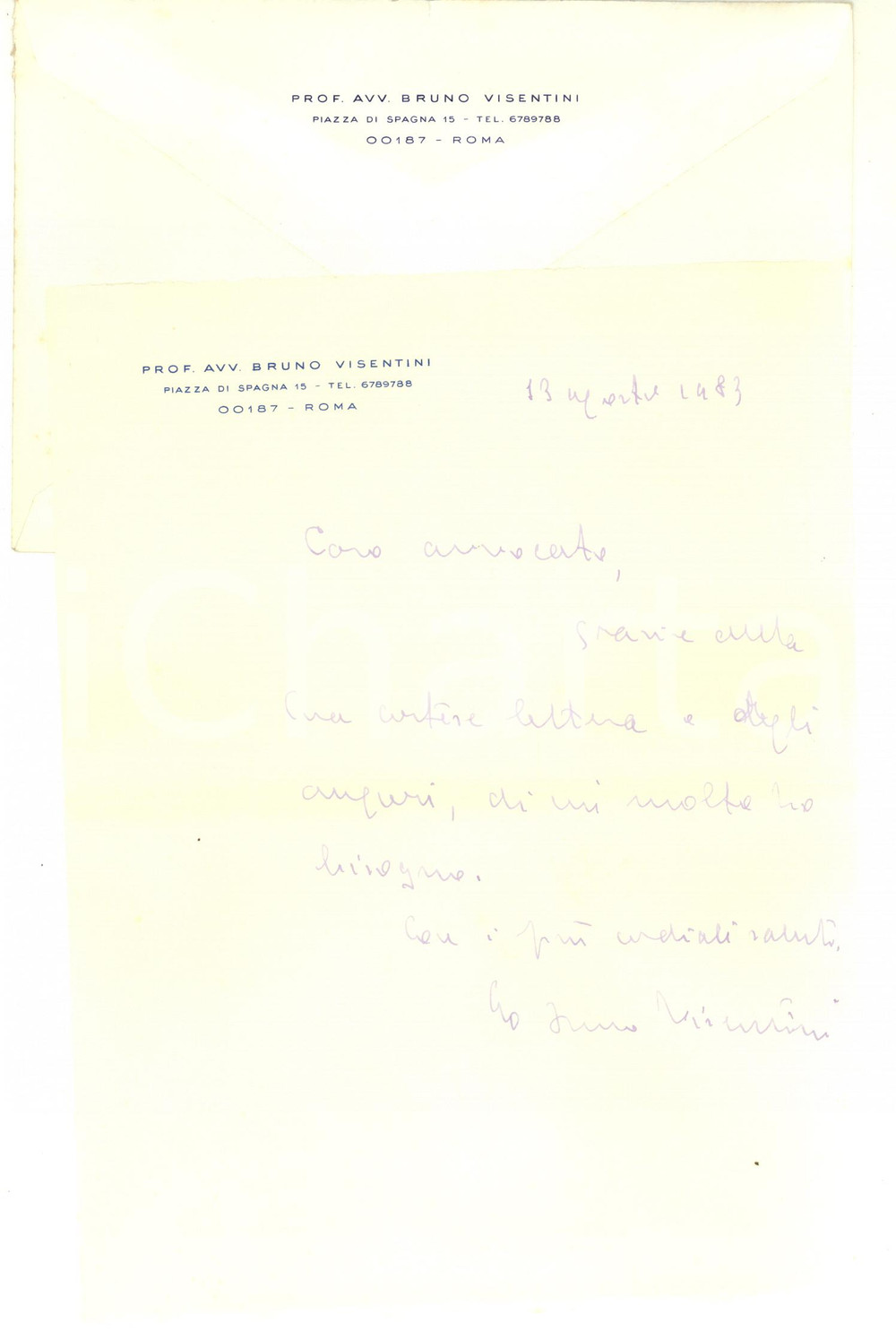 Autografo originale 1983 ROMA Lettera Bruno VISENTINI per ringraziamento  Autografo 1