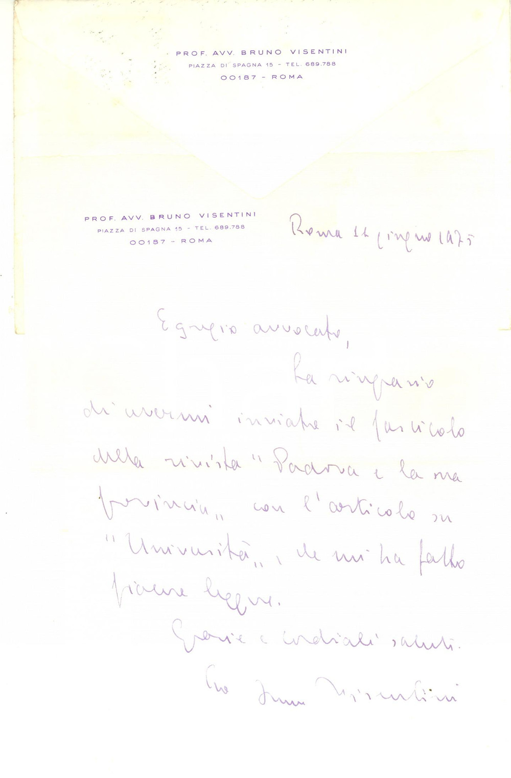 Autografo originale 1975 ROMA Lettera Bruno VISENTINI per articolo ricevuto  Autografo 1