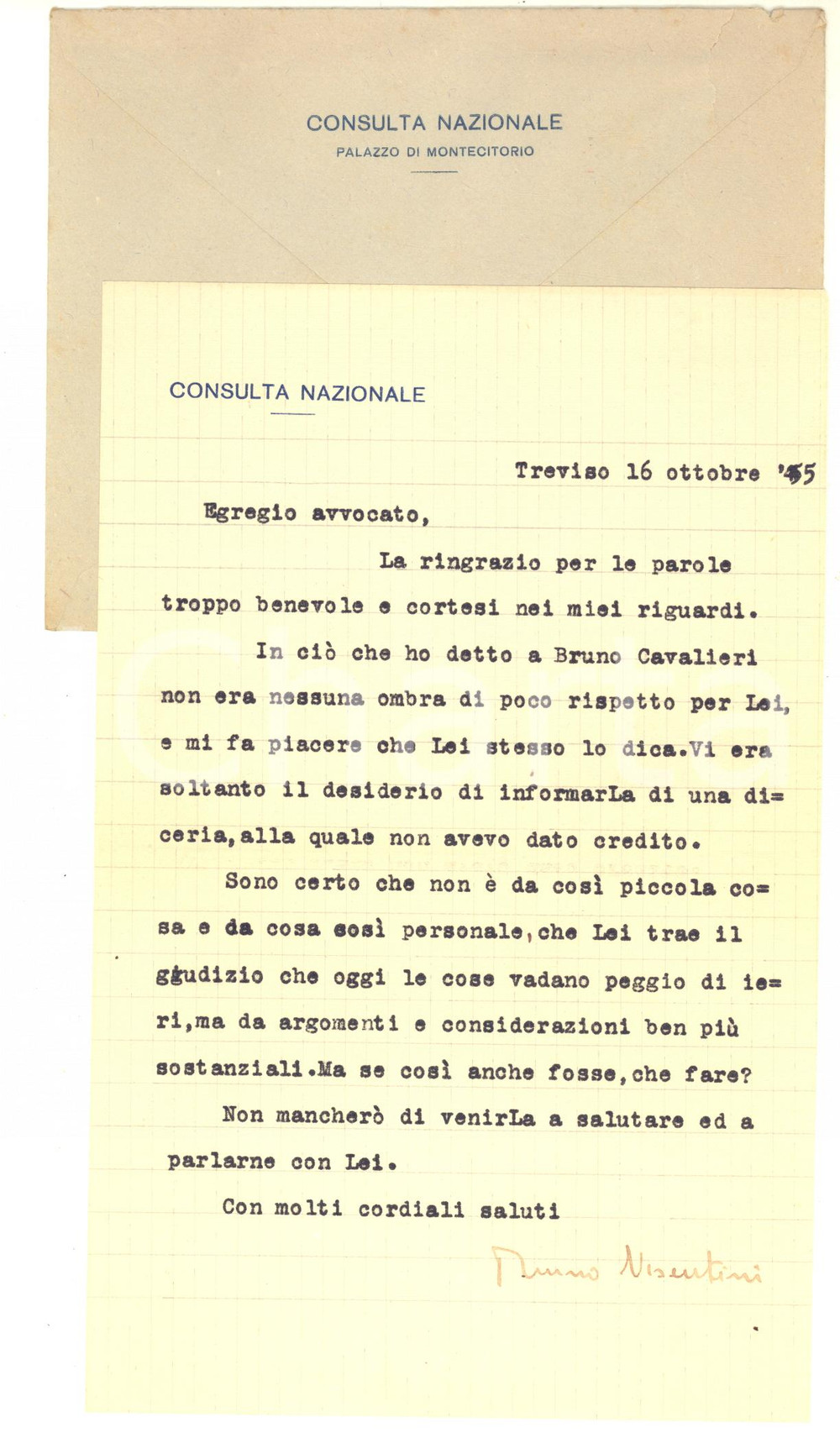 Autografo originale 1945 CONSULTA NAZIONALE  TREVISO  Lettera Bruno VISENTINI   Autografo 1