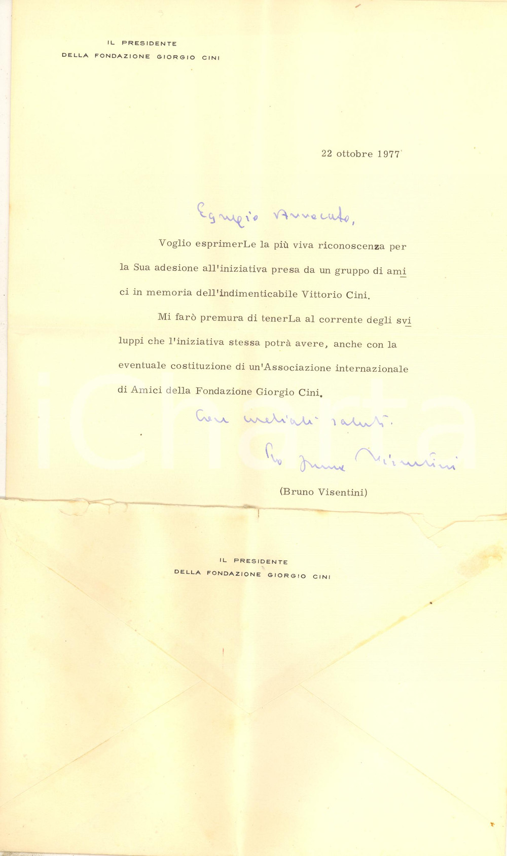 Autografo originale 1977 VENEZIA Lettera Bruno VISENTINI Presidente Fondazione CINI  Autografo 1