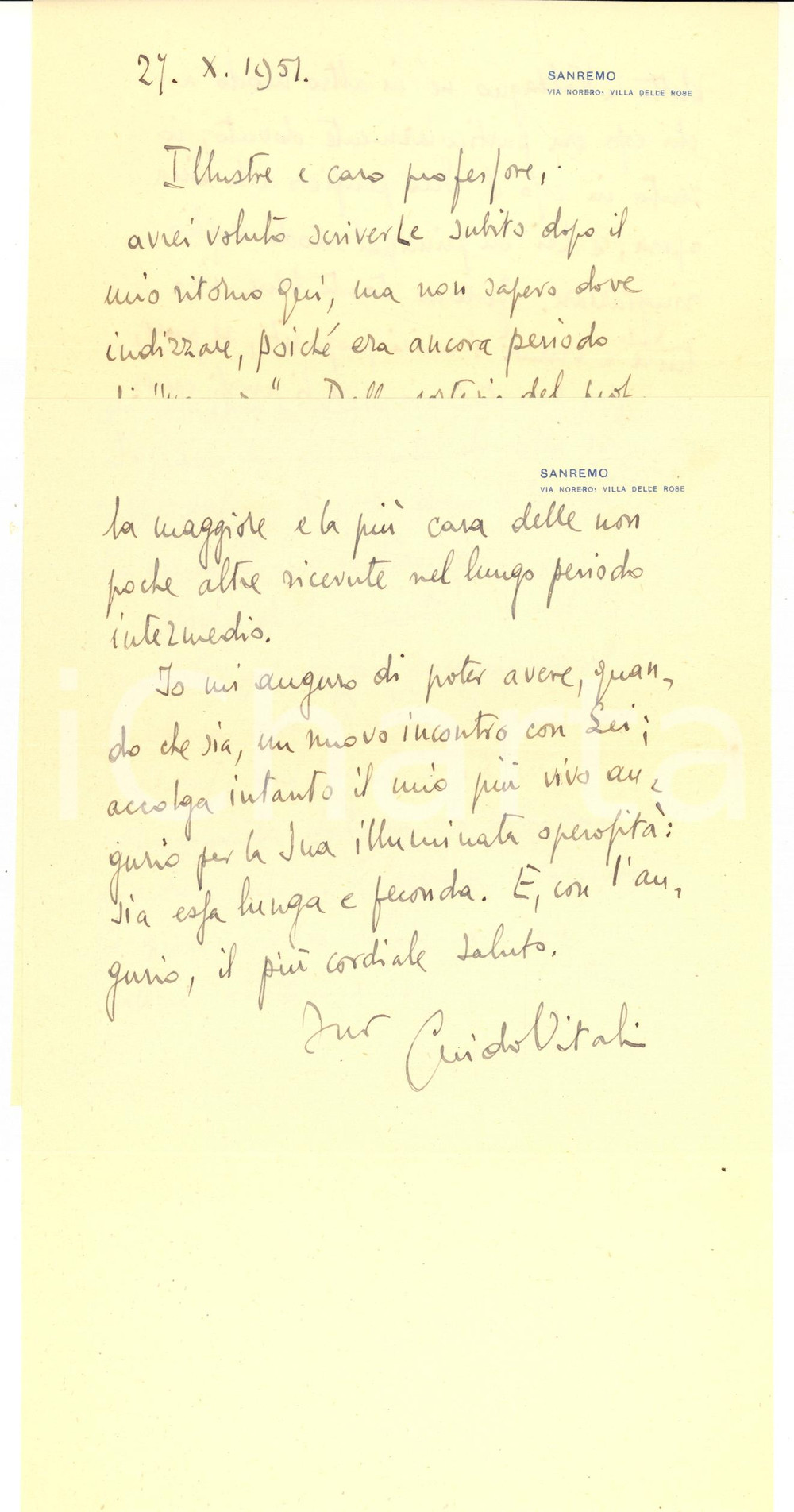Autografo originale 1951 SANREMO Lettera Guido VITALI per riconoscimento ricevuto  Autografo 1
