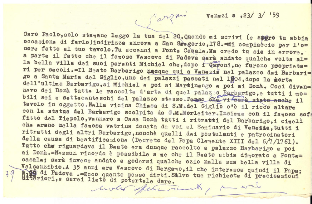 Autografo originale 1959 VENEZIA Lettera Mario VIANELLOCHIODO su ereditÃ  Barberigo  DonÃ  AUTOGRAFO 1
