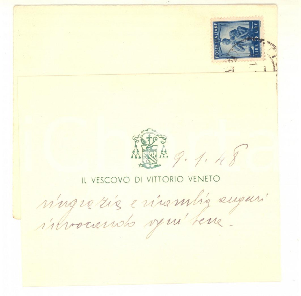 Autografo originale 1948 VITTORIO VENETO Biglietto mons. Giuseppe ZAFFONATO vescovo  Autografo 1