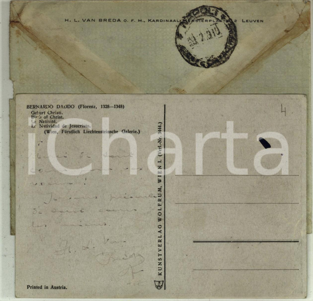 Autografo originale 1918 LEUVEN Cartolina Herman Leo VAN BREDA o.f.m.   Autografo DANNEGGIATO 1