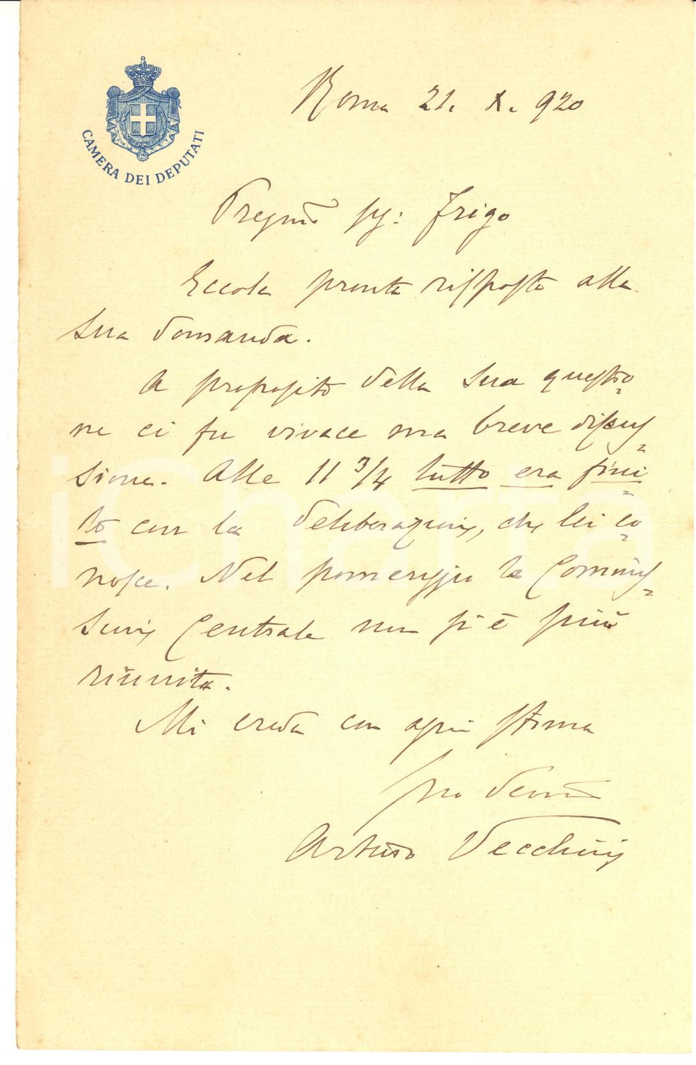 Autografo originale 1920 ROMA Lettera on. Arturo VECCHINI a un cliente in causa  Autografo 1
