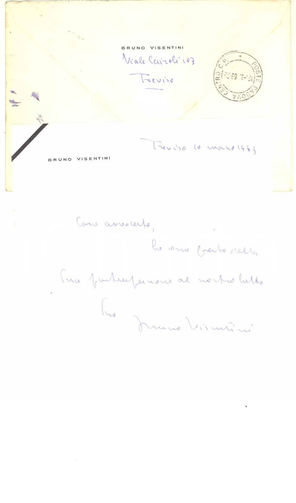 Autografo originale 1963 TREVISO Lettera Bruno VISENTINI per partecipazione lutto  Autografo 1