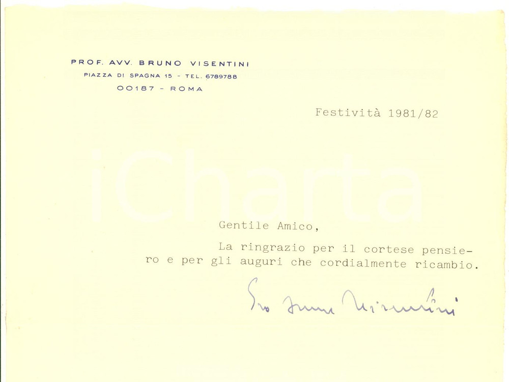 Autografo originale 1981 ROMA Lettera Bruno VISENTINI per auguri natalizi  Autografo 1