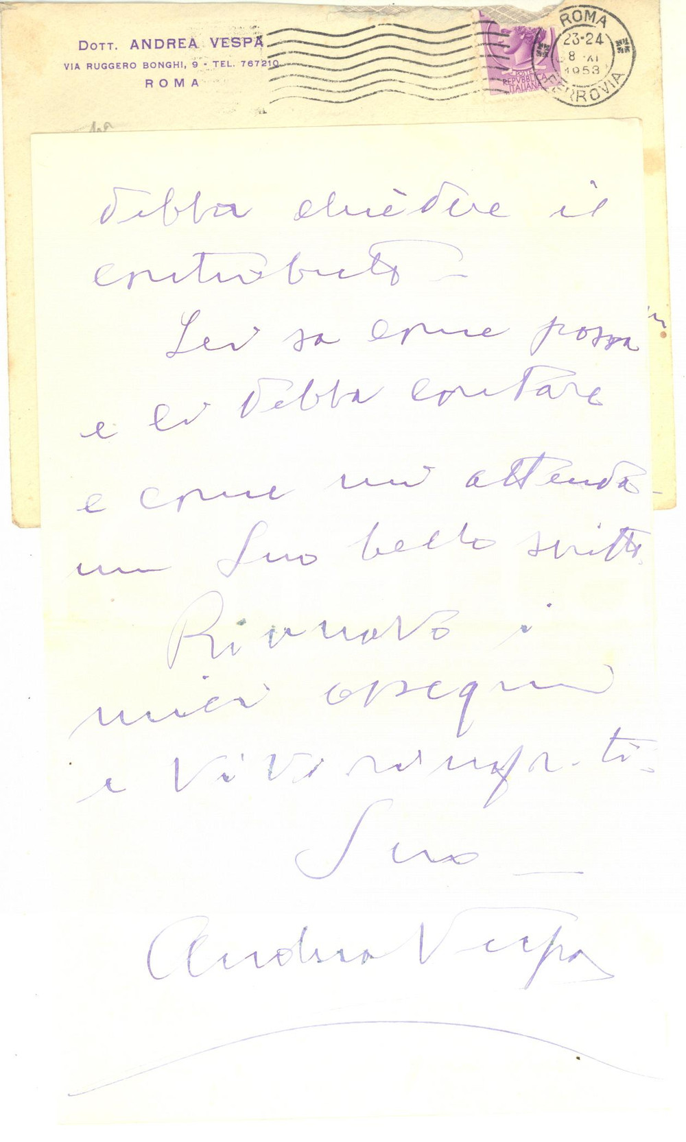 1953 ROMA Lettera Andrea VESPA sul nuovo umanesimo - Autografo Lettera interamente autografa di Andrea Vespa, giornalista e studioso, con busta viaggiata.CONDIZIONI: FAIR (piegature d'epoca)PAGINE: 4 (3 facciate scritte)    originale e autentica 1