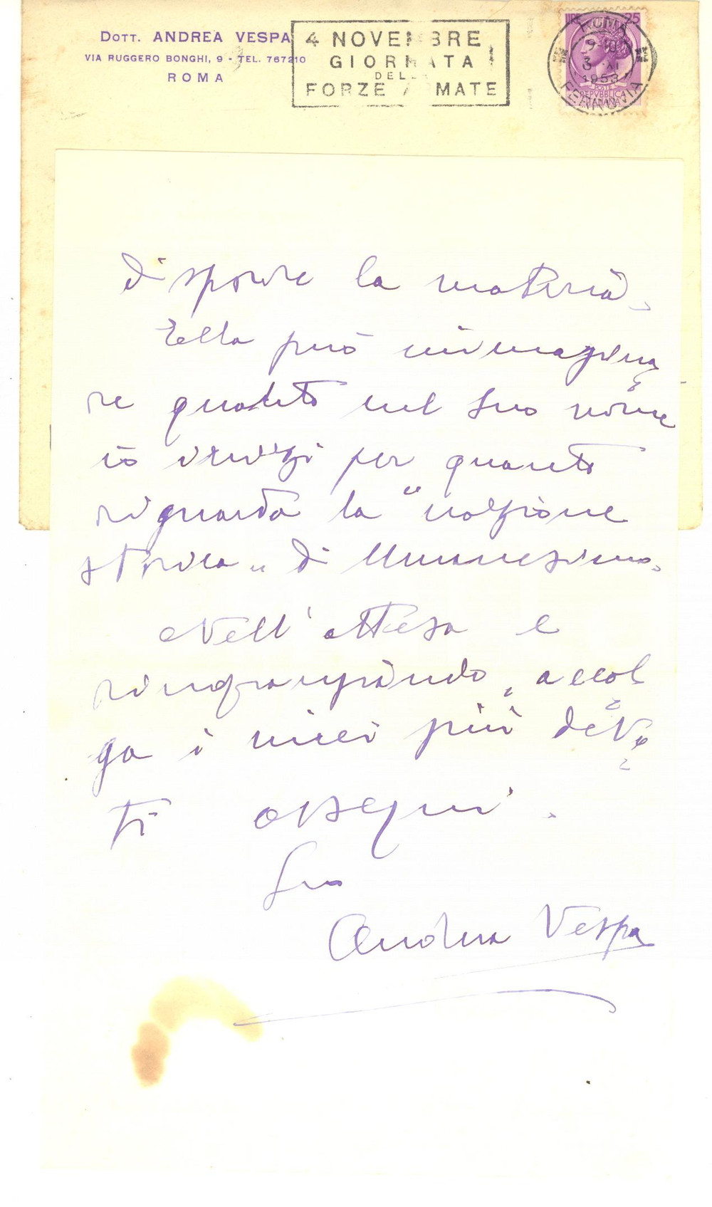 1953 ROMA Lettera Andrea VESPA sul giornale "Il nuovo umanista" - Autografo Lettera interamente autografa di Andrea Vespa, giornalista e studioso, relativa al progetto del giornale "Il nuovo umanista".Busta viaggiata.CONDIZIONI: FAIR (piegature d'epoca)PAGINE: 4 (3 facciate scritte)    originale e autentica 1