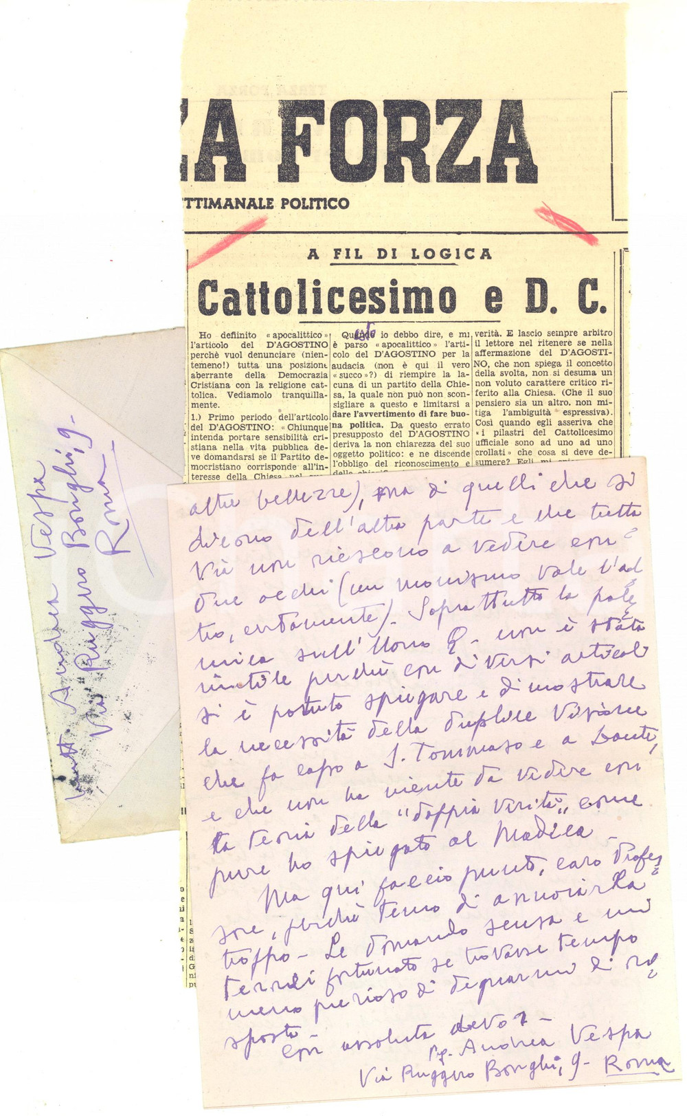 1951 ROMA Lettera  Andrea VESPA sul concetto di nuovo umanesimo - Autografo Lunga lettera interamente autografa di Andrea Vespa, giornalista e studioso. Allegato un articolo da lui scritto per "Terza forza", sul tema del cattolicesimo e della Democrazia Cristiana.Busta viaggiata.CONDIZIONI: FAIR (piegature d'epoca)PAGINE: 8 + articolo    originale e autentica 1