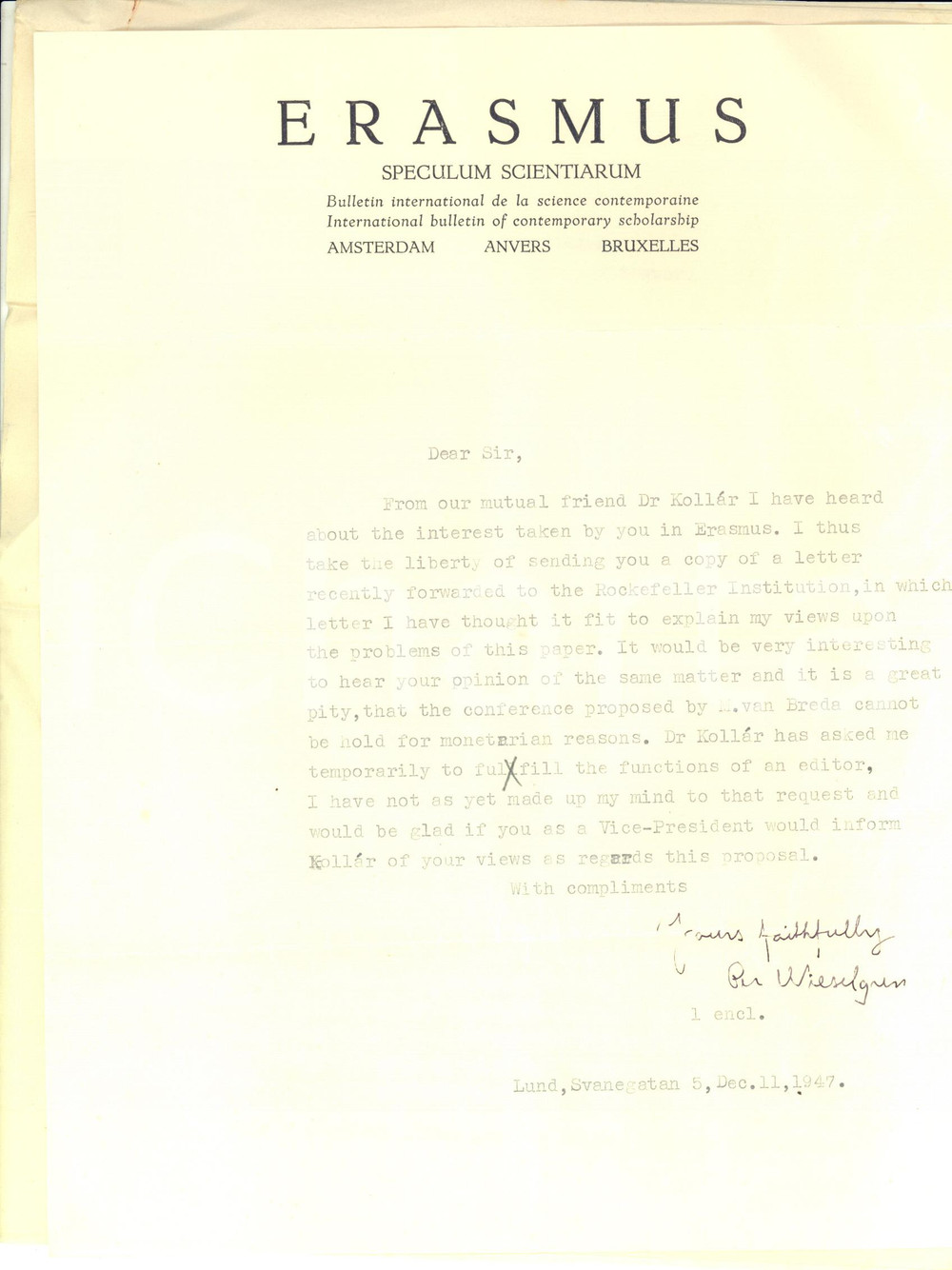 Autografo originale 1947 LUND Lettera Per WIESELGREN sulla rivista Erasmus  Autografo 1