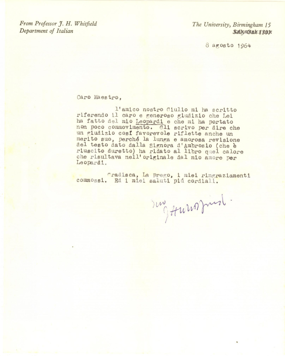 1964 BIRMINGHAM University - Lettera prof. John Humphreys WHITFIELD - Autografo Lettera dattiloscritta, con firma autografa dello studioso.CONDIZIONI: FAIR (piegature d'epoca)PAGINE: 1     originale e autentica 1