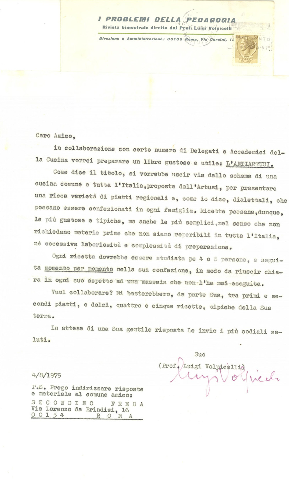 Autografo originale 1975 ROMA Luigi VOLPICELLI programma il volume Antiartusi  Autografo 1