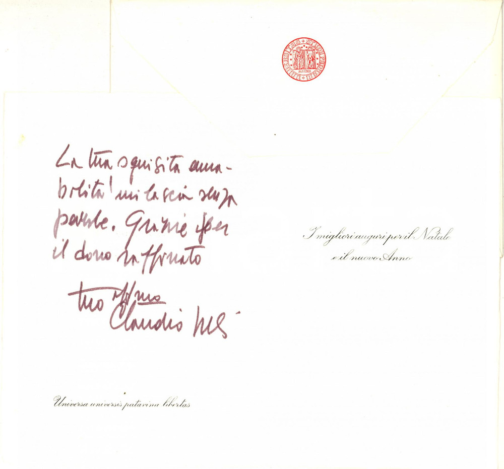 Autografo originale 1990 UniversitÃ  di PADOVA  Biglietto Claudio VILLI per auguri  Autografo 1