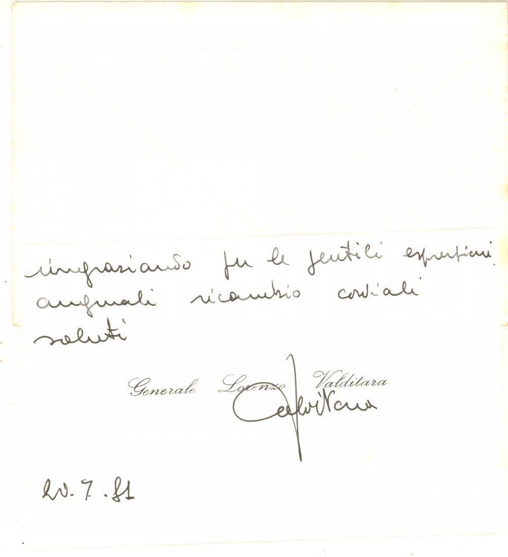 Autografo originale 1981 s.l. Biglietto generale Lorenzo VALDITARA per auguri  Autografo 1