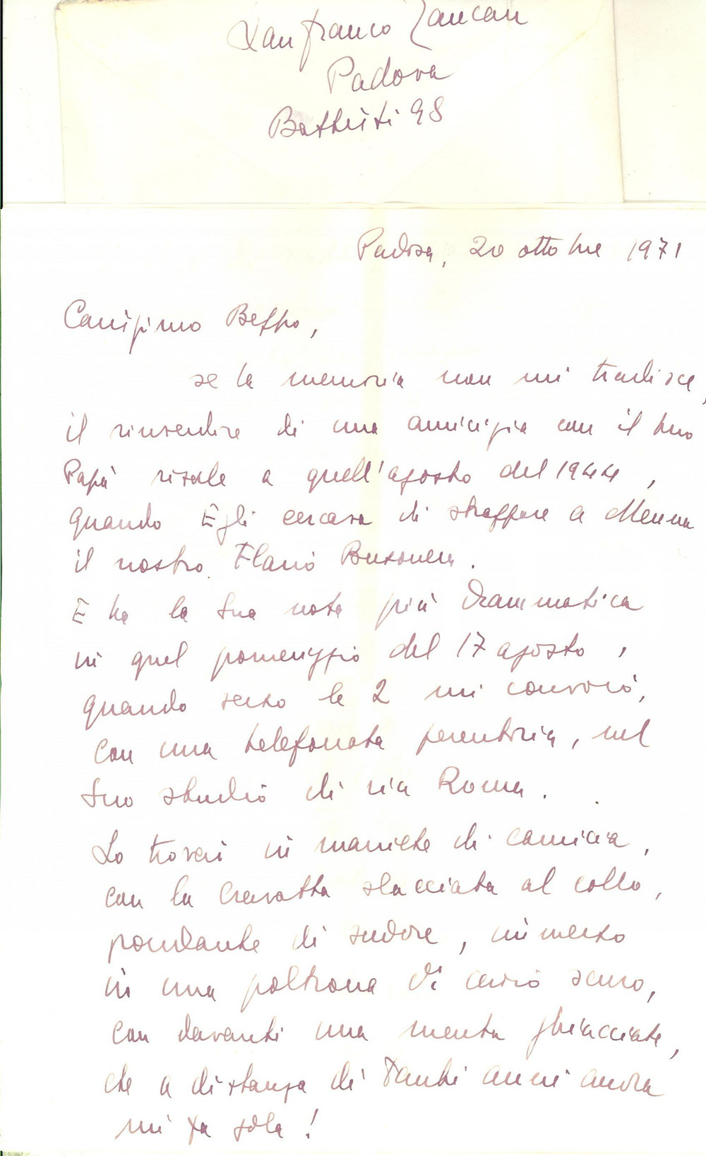 Autografo originale 1971 PADOVA Lanfranco ZANCAN ricorda un episodio della guerra  Autografo 1