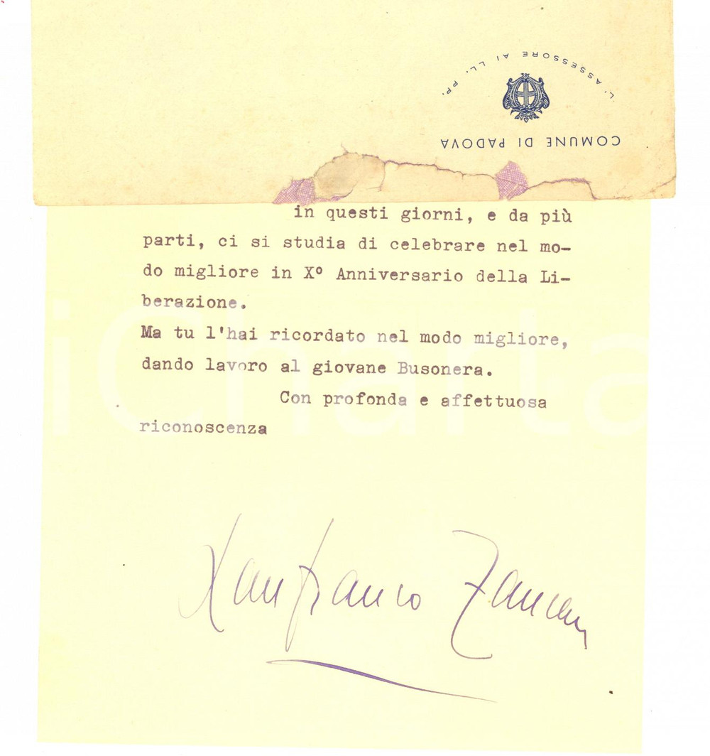 Autografo originale 1955 PADOVA Lettera Lanfranco ZANCAN per anniversario Liberazione  Autografo 1