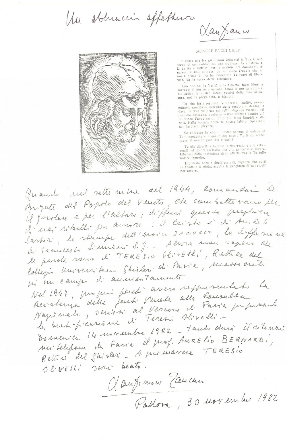 Autografo originale 1982 PADOVA Lanfranco ZANCAN  Preghiera dei partigiani  Autografo 1