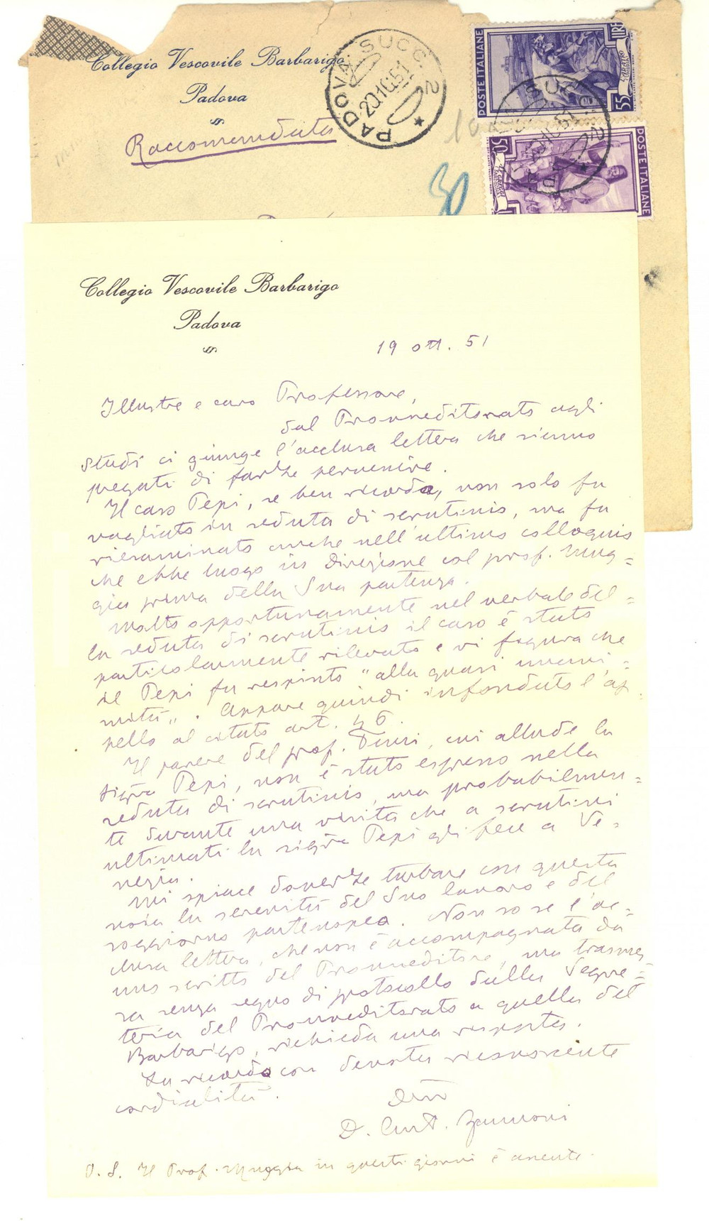 1951 PADOVA Collegio Vescovile Barbarigo - Mons. Antonio ZANNONI - Autografo Lettera interamente autografa di mons. Zannoni, relativa a uno scrutinio.Carta intestata e busta viaggiata.CONDIZIONI: FAIR (piegature d'epoca)PAGINE: 1    originale e autentica 1