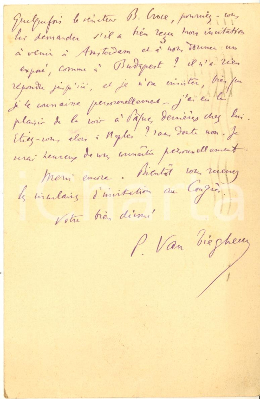 Autografo originale 1934 PARIS Cartolina Paul VAN TIEGHEM su invito a Benedetto Croce  Autografo 1