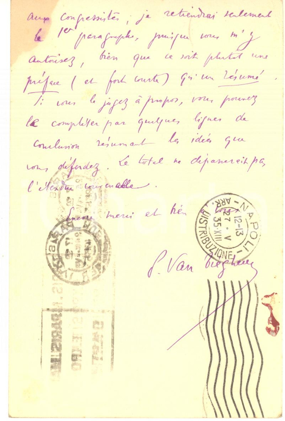 Autografo originale 1935 PARIS Cartolina Paul VAN TIEGHEM per pubblicazione accademica  Autografo 1