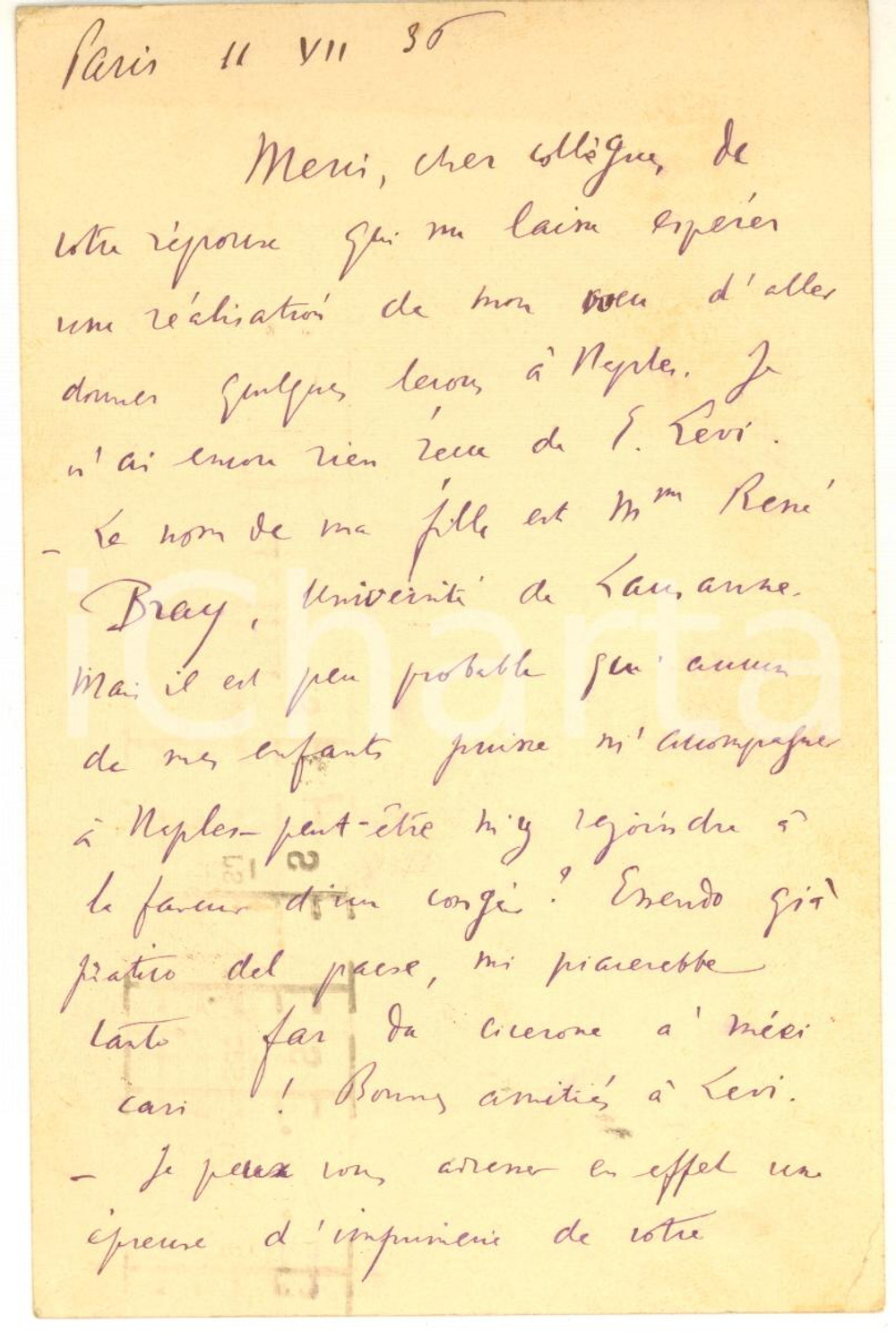 Autografo originale 1936 PARIS Cartolina Paul VAN TIEGHEM per lezioni a Napoli  Autografo 1