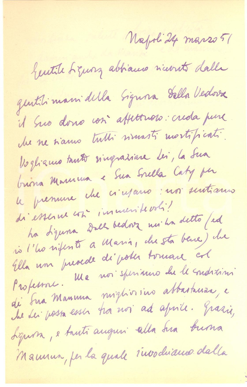 1951 NAPOLI Lettera Giulio VALLESE per ringraziamento - Autografo