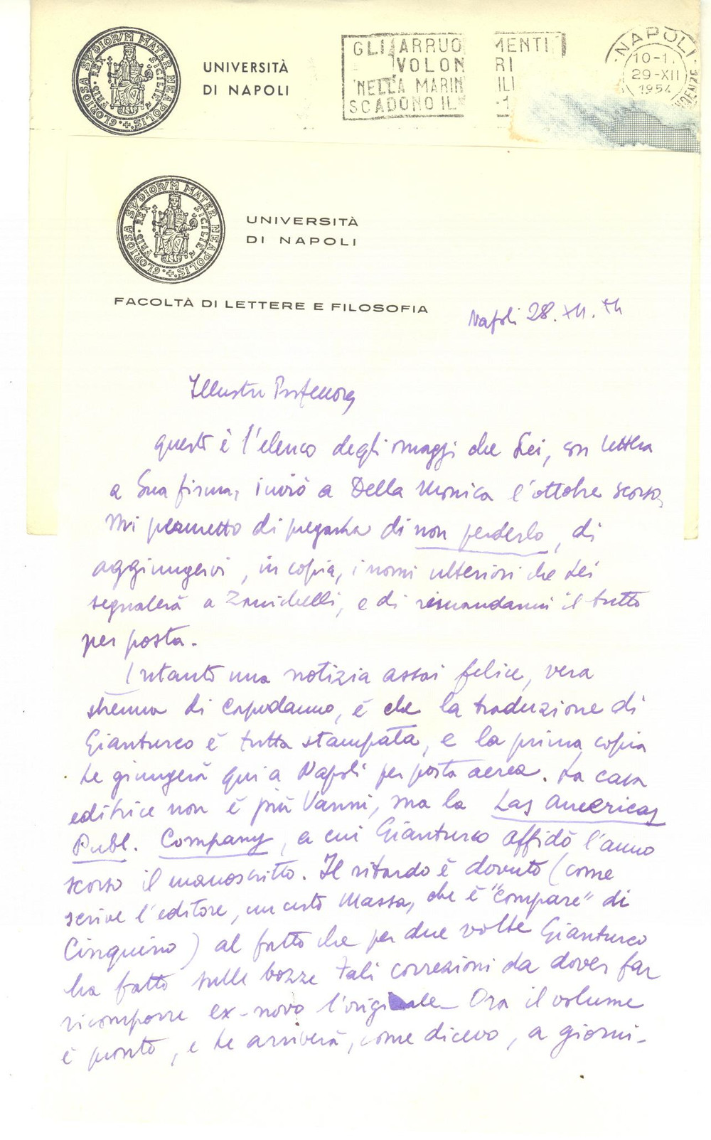 Autografo originale 1954 UniversitÃ  di NAPOLI Lettera Giulio VALLESE per traduzione  Autografo 1