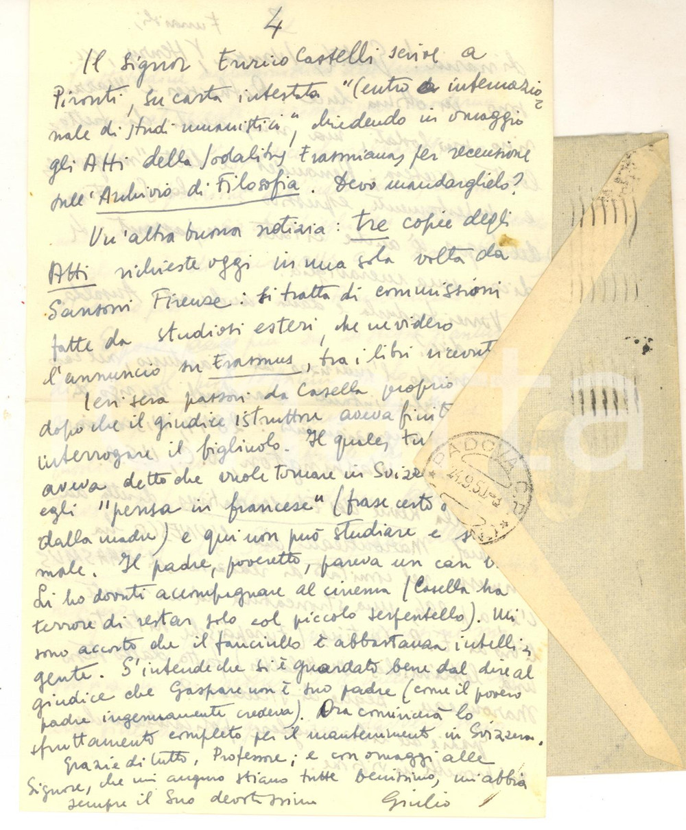 1950 NAPOLI Lettera Giulio VALLESE su recensione di Elio Gianturco - Autografo Lettera autografa dello studioso Giulio Vallese a un collega, con busta viaggiata.CONDIZIONI: FAIR (piegature d'epoca)PAGINE: 4    originale e autentica 1