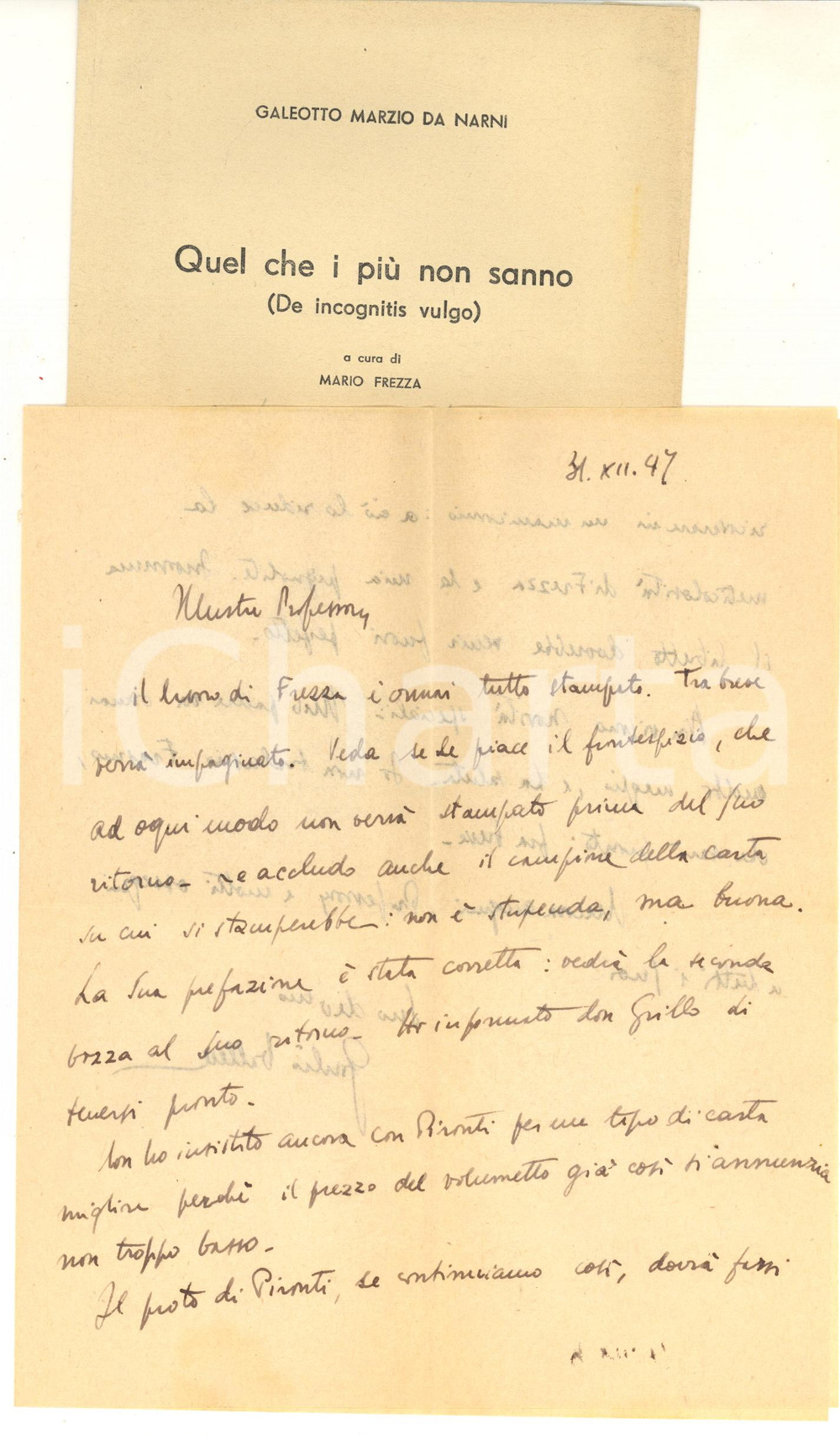 Autografo originale 1947 NAPOLI Lettera Giulio VALLESE per bozza volume di Mario Frezza  Autografo 1
