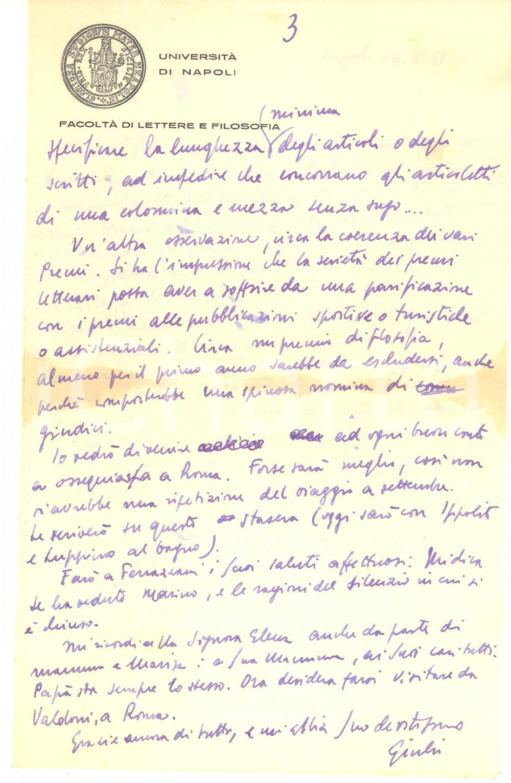1951 Università di NAPOLI Lettera Giulio VALLESE sul Premio Marzotto - Autografo