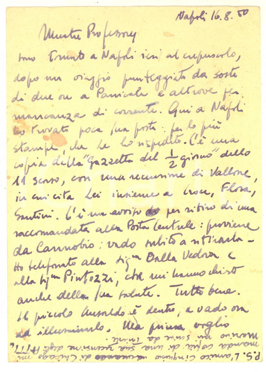 Autografo originale 1950 NAPOLI Cartolina Giulio VALLESE a un collega per recensione  Autografo 1