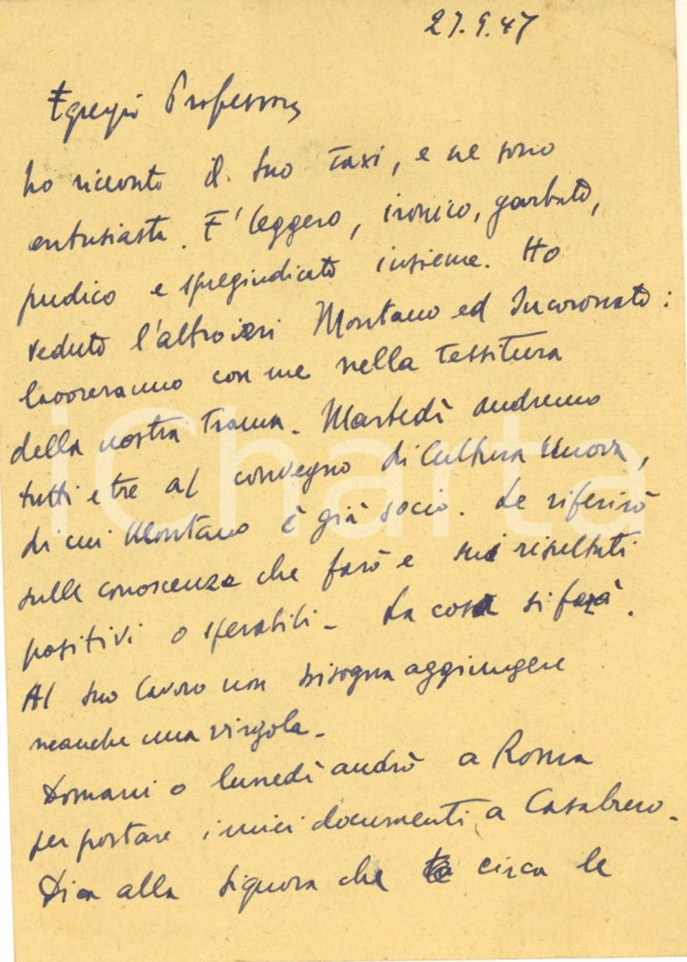 Autografo originale 1947 NAPOLI Giulio VALLESE in lode del lavoro di un collega  Autografo 1