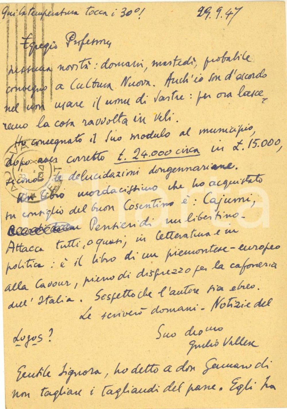 Autografo originale 1947 NAPOLI Giulio VALLESE loda i Pensieri di un libertino  Autografo 1