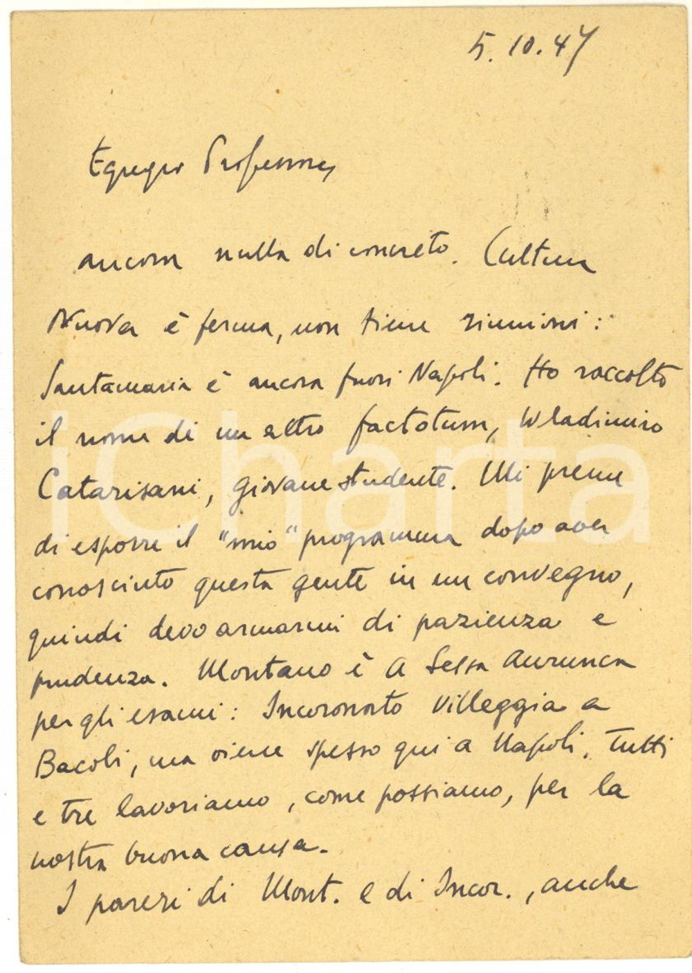 Autografo originale 1947 NAPOLI Cartolina di Giulio VALLESE per programmi di lavoro  Autografo 1