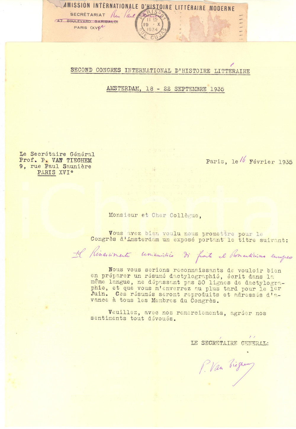 Autografo originale 1935 PARIS Lettre Paul VAN TIEGHEM pour CongrÃ¨s d Amsterdam  Autographe 1