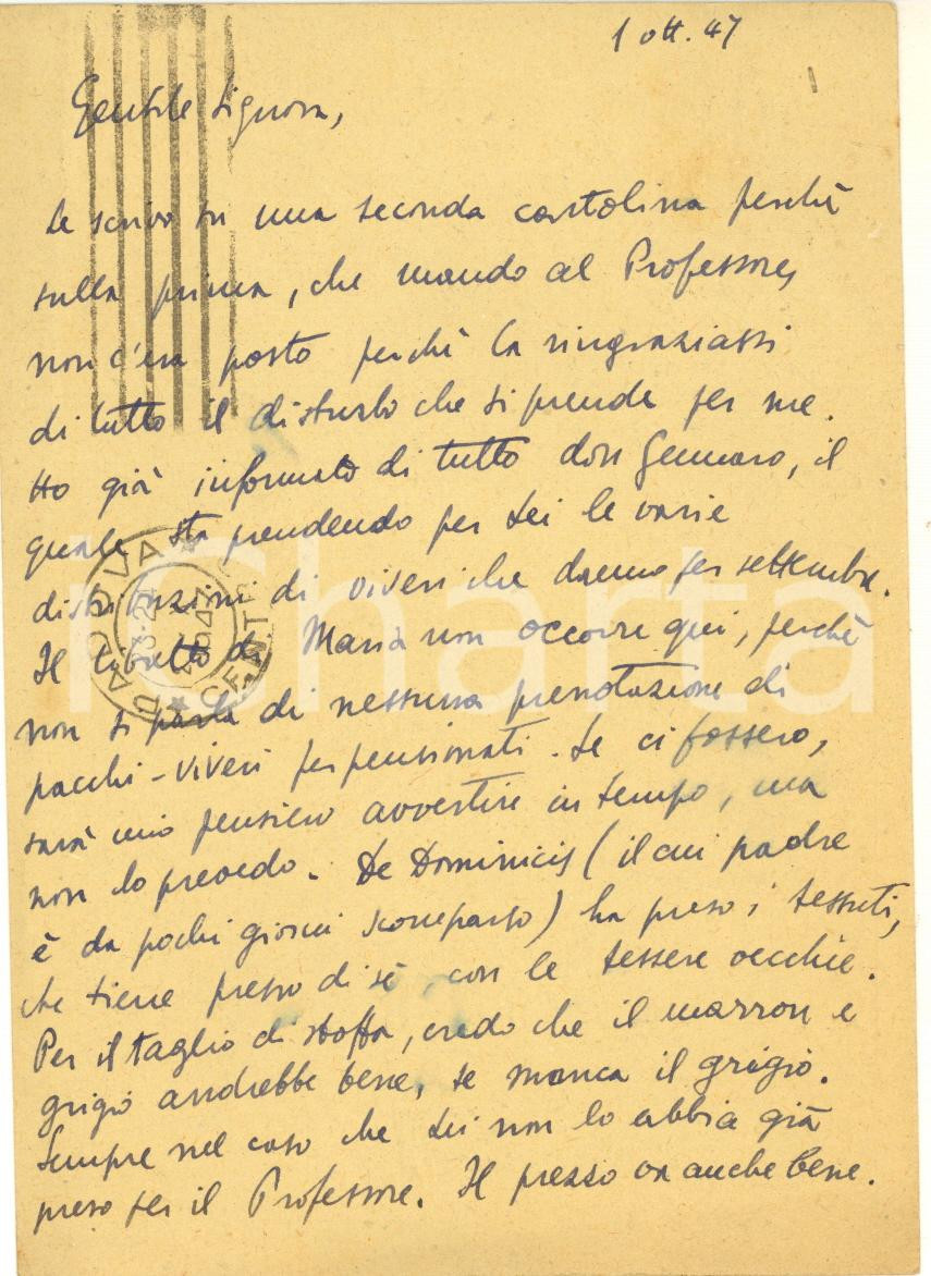 Autografo originale 1947 NAPOLI Cartolina di Giulio VALLESE per beneficenza  Autografo FG VG 1