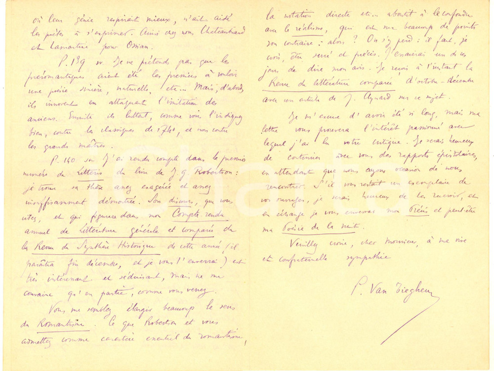 1925 PARIS Lettre Paul VAN TIEGHEM à propos de son "Préromantisme" - Autographe