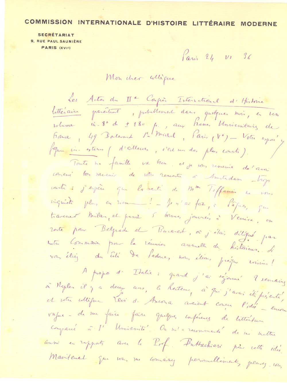 1936 PARIS Lettre Paul VAN TIEGHEM pour confÃ©rences en Italie - Autographe Lettera interamente autografa dello studioso Paul Van Tieghem, su carta intestata "Commission Internationale d'Histoire Litt&eacute;raire Moderne - Paris".Busta viaggiata.CONDIZIONI: FAIR (piegature d'epoca e ingiallimenti)PAGINE: 1 (2 facciate)    originale e autentica 1