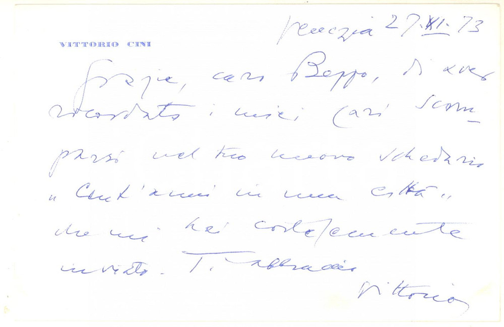 Autografo originale 1973 VENEZIA Vittorio CINI ringrazia per una citazione  Biglietto autografo 1