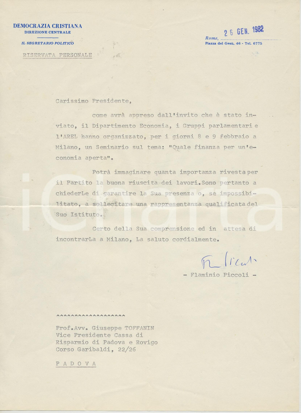 Autografo originale 1982 ROMA DC Lettera Flaminio PICCOLI per seminario di finanza  Autografo 1