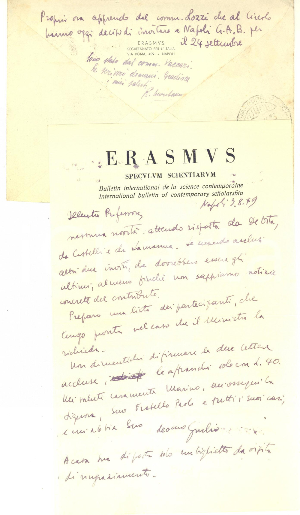 Autografo originale 1949 NAPOLI Lettera Giulio VALLESE per contributi a Erasmus  Autografo 1